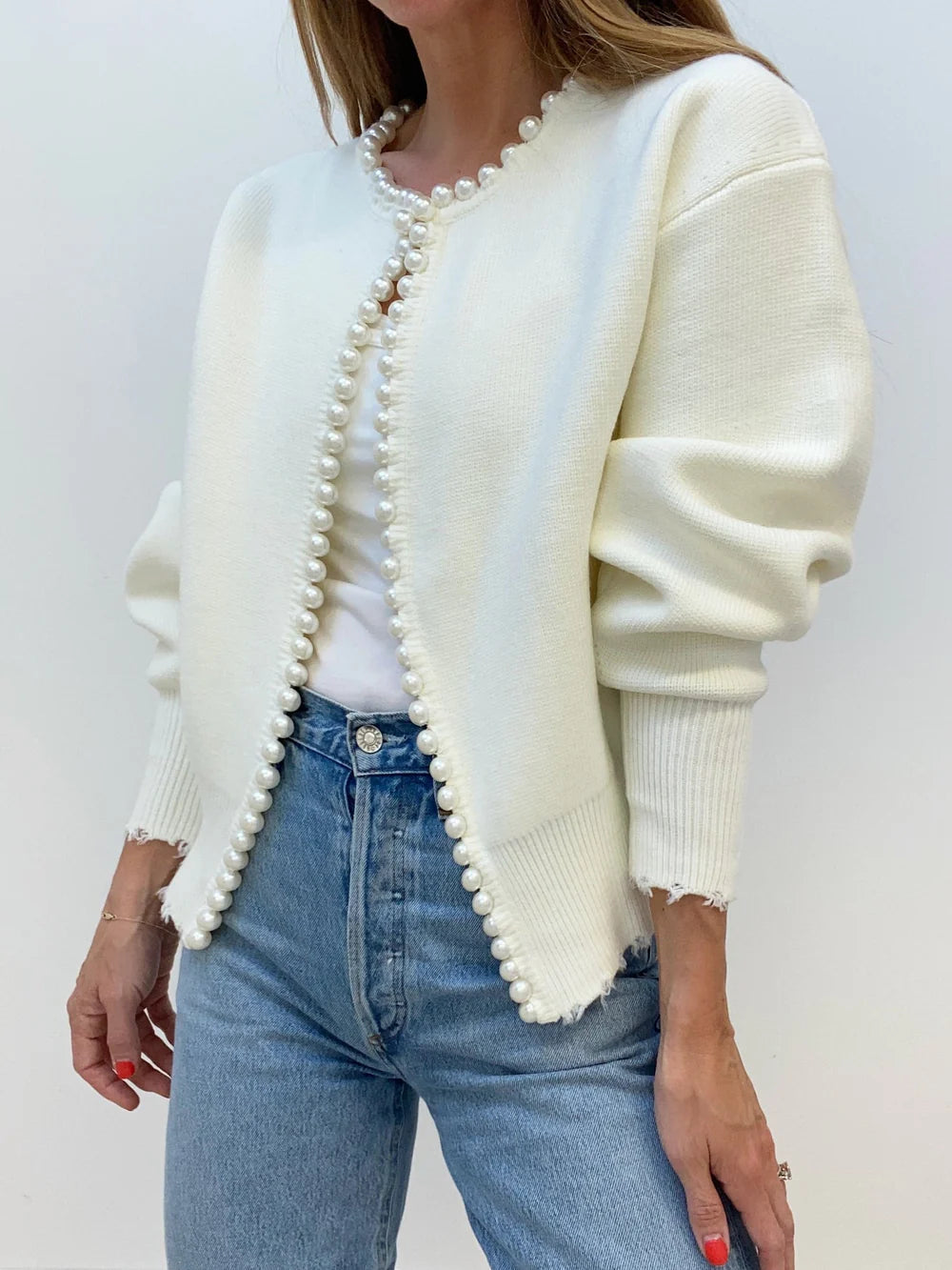 Women’s Cardigan - Open Front - Long Sleeve - Pearl Trim Detail - Distressed Hem 0