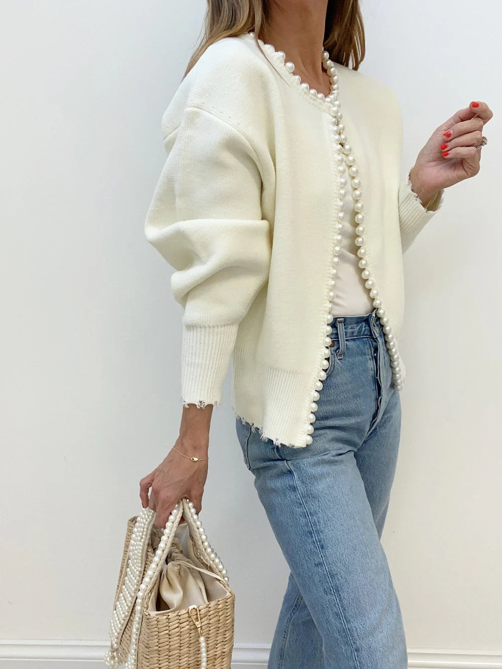 Women’s Cardigan - Open Front - Long Sleeve - Pearl Trim Detail - Distressed Hem 1