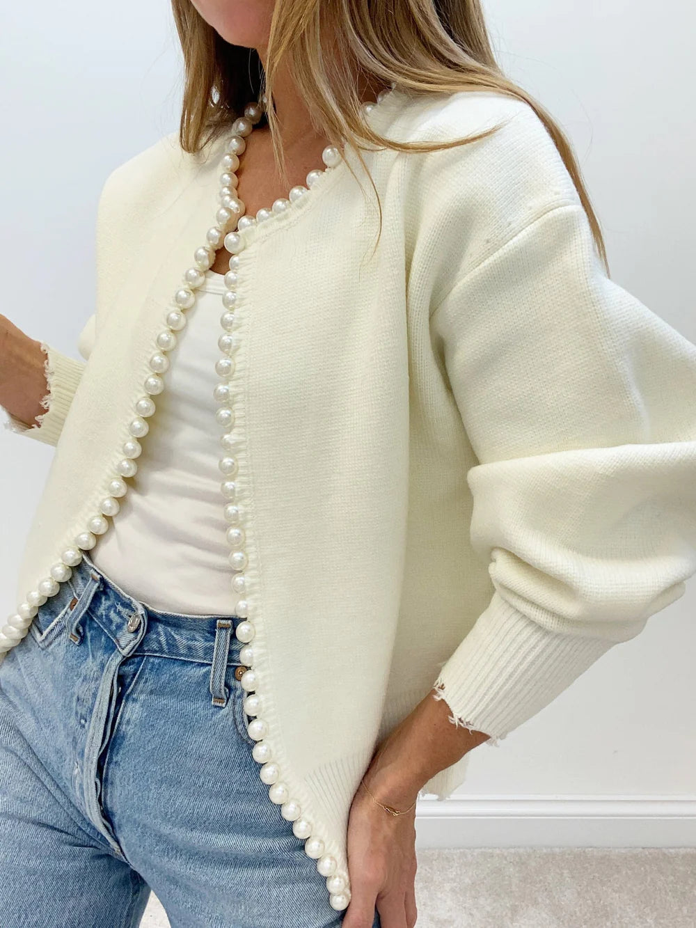 Women’s Cardigan - Open Front - Long Sleeve - Pearl Trim Detail - Distressed Hem 2
