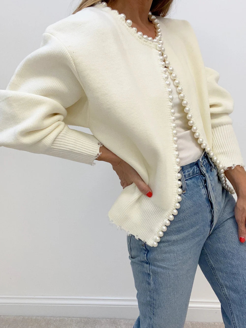 Women’s Cardigan - Open Front - Long Sleeve - Pearl Trim Detail - Distressed Hem 3