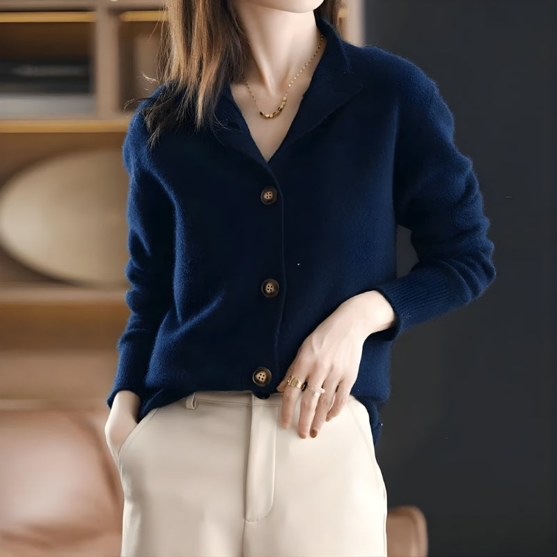 Women's Button-Front Knit Cardigan - Collared V-Neckline - Long Sleeve - Ribbed Cuffs and Hem 0