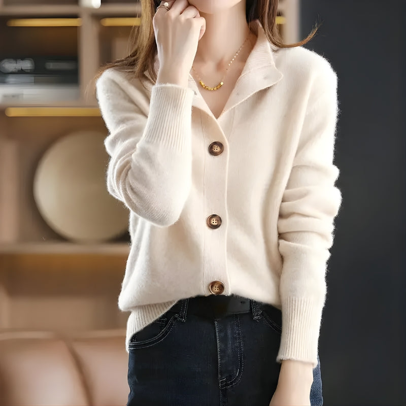Women's Button-Front Knit Cardigan - Collared V-Neckline - Long Sleeve - Ribbed Cuffs and Hem 1