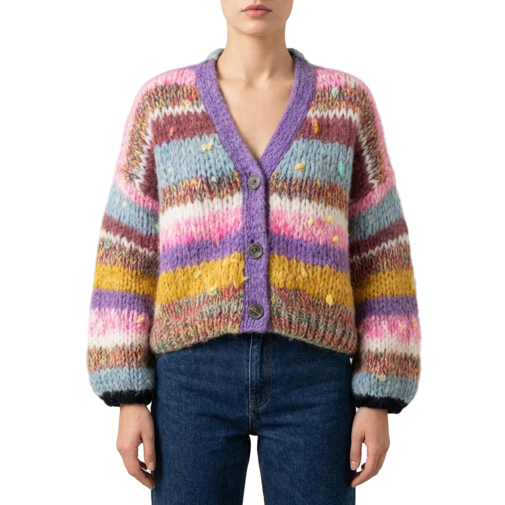 Women’s Cardigan V-Neckline and Multi-Colored Striped Pattern