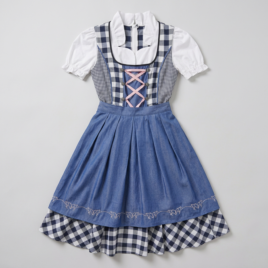Women's Checked Pattern Dirndl Dress with Apron