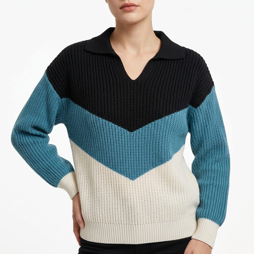 Women’s Colorblock Sweater V Neck Collar