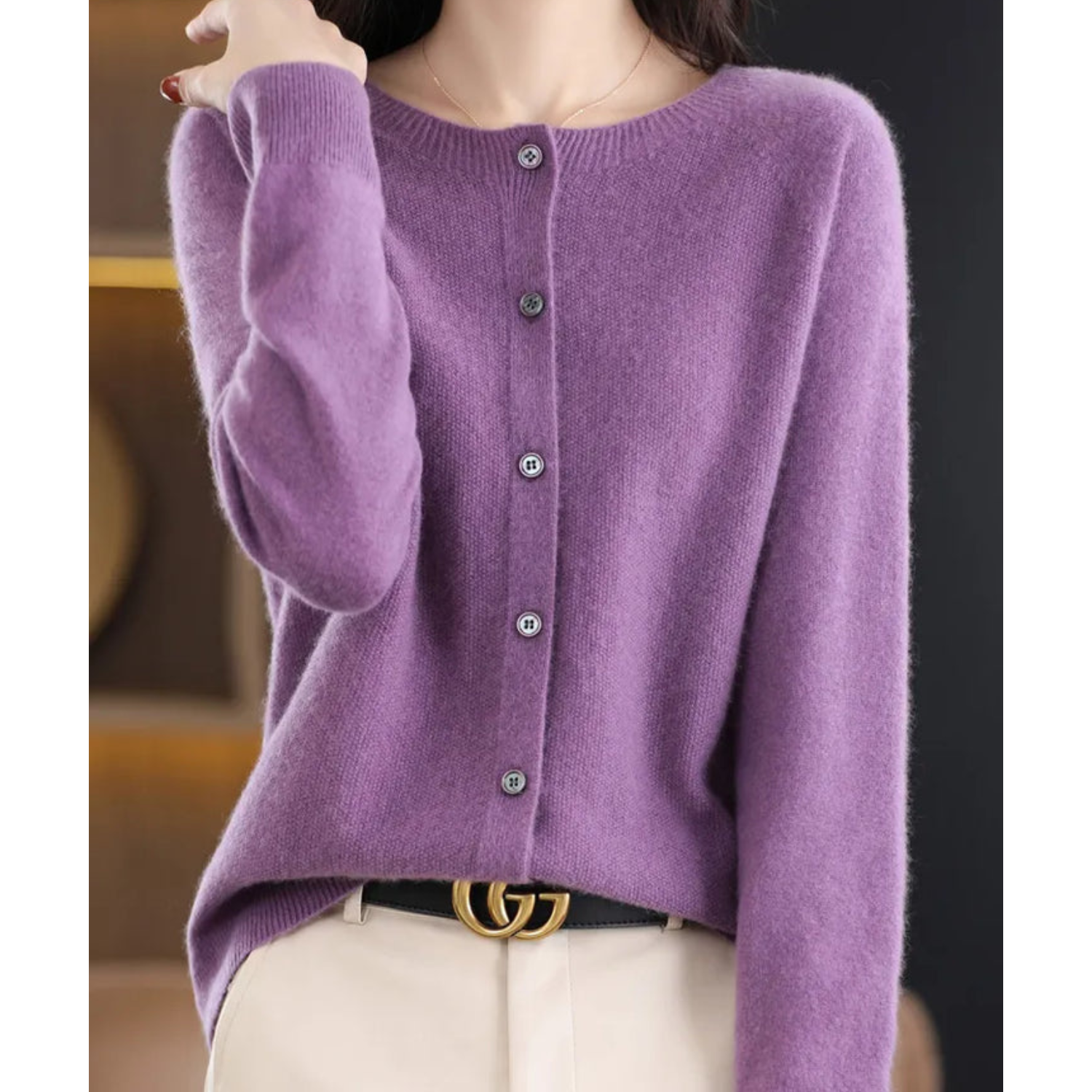 Luxury Merino Wool & Cashmere Cardigan for Women – Elegant O-Neck Winter Knit 8