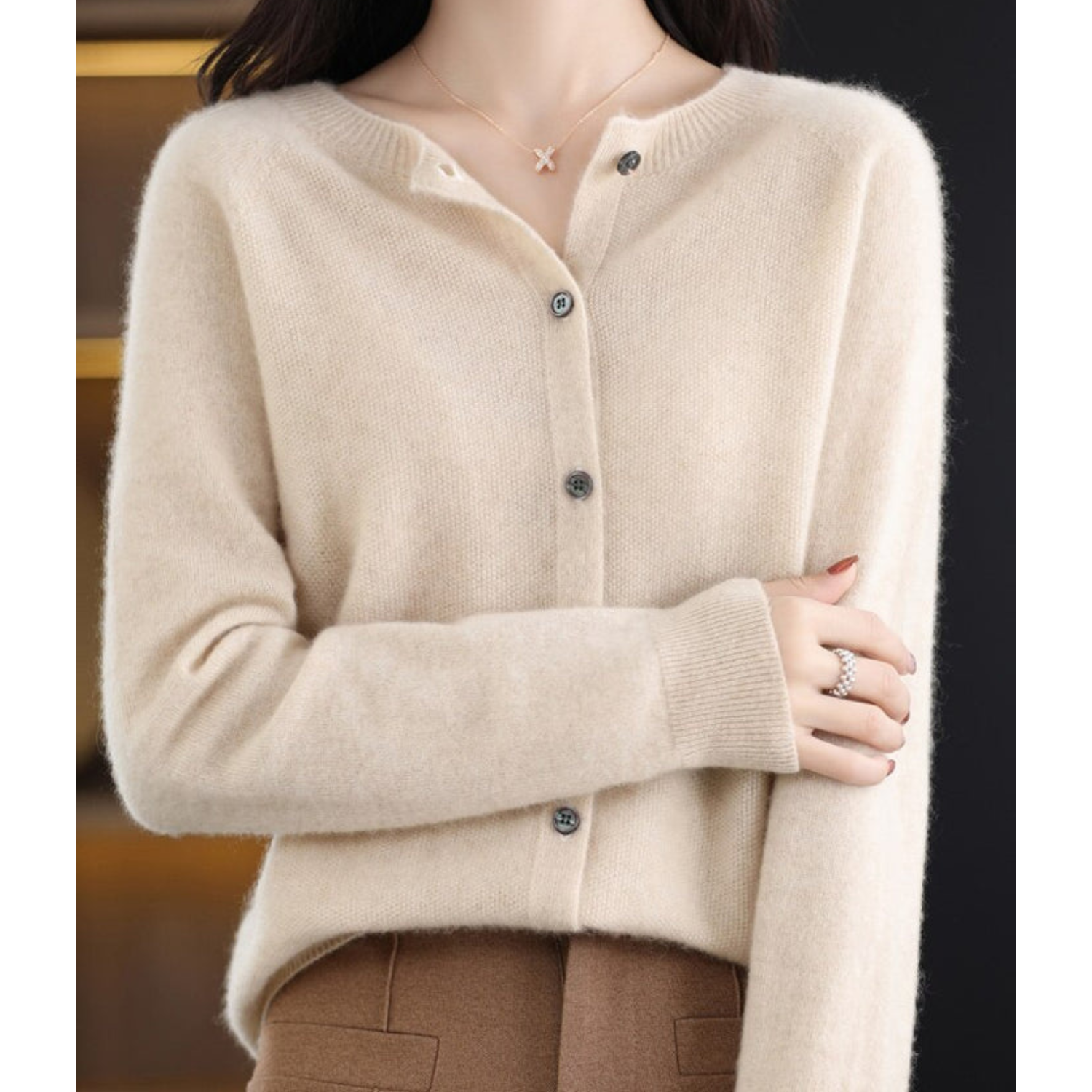 Luxury Merino Wool & Cashmere Cardigan for Women – Elegant O-Neck Winter Knit 9