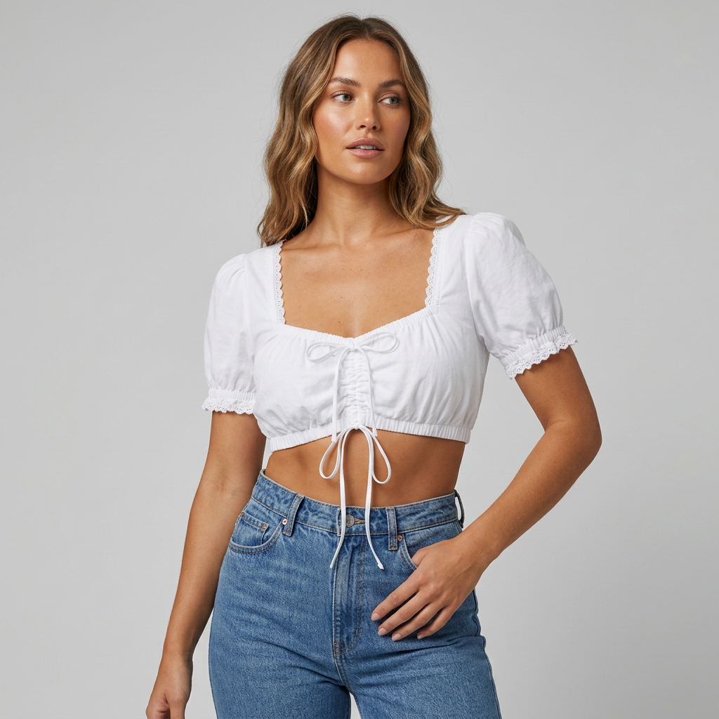 Women's Drawstring Ruched Dirndl Crop Blouse