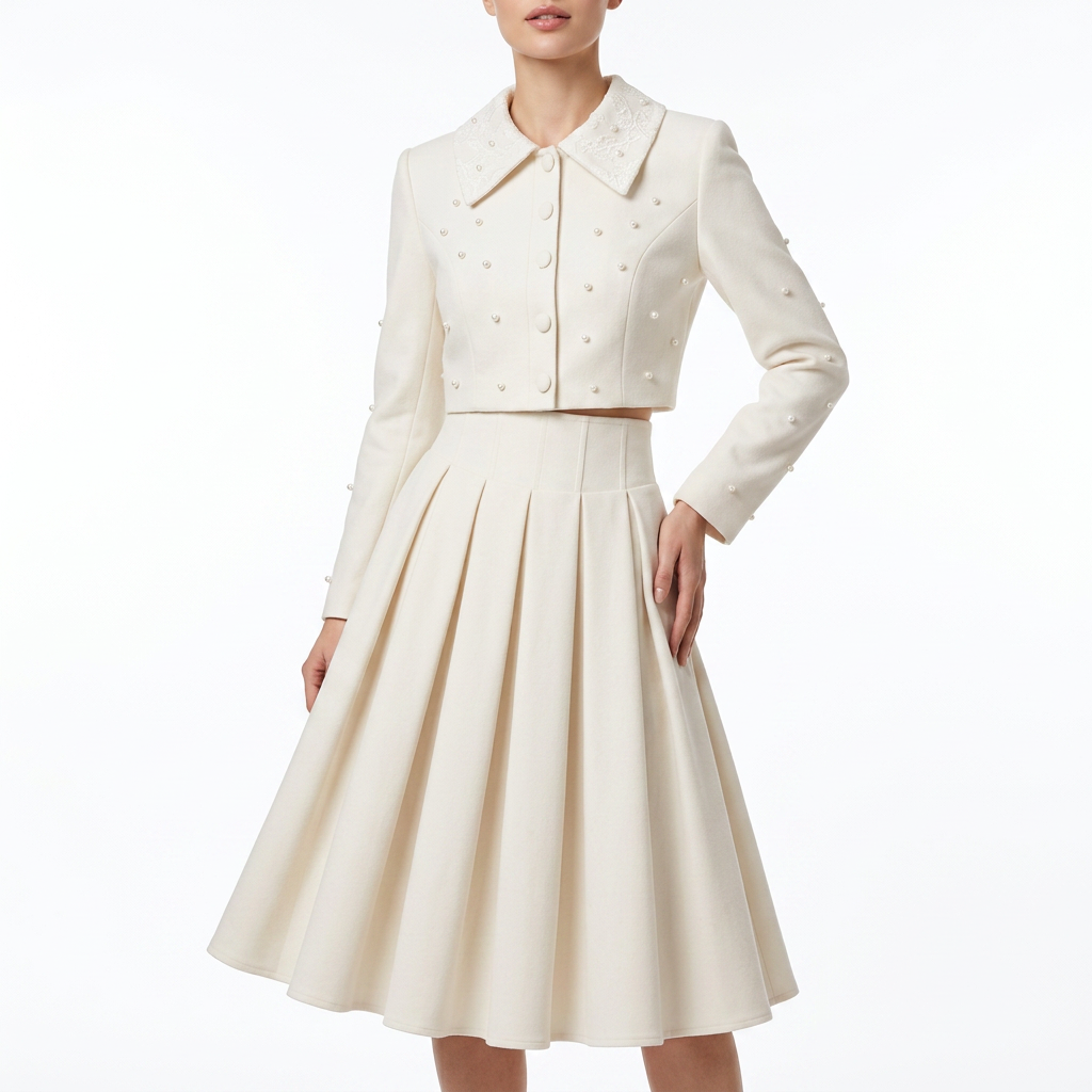 Women's Faux Pearl Jacket & Pleated Skirt Set