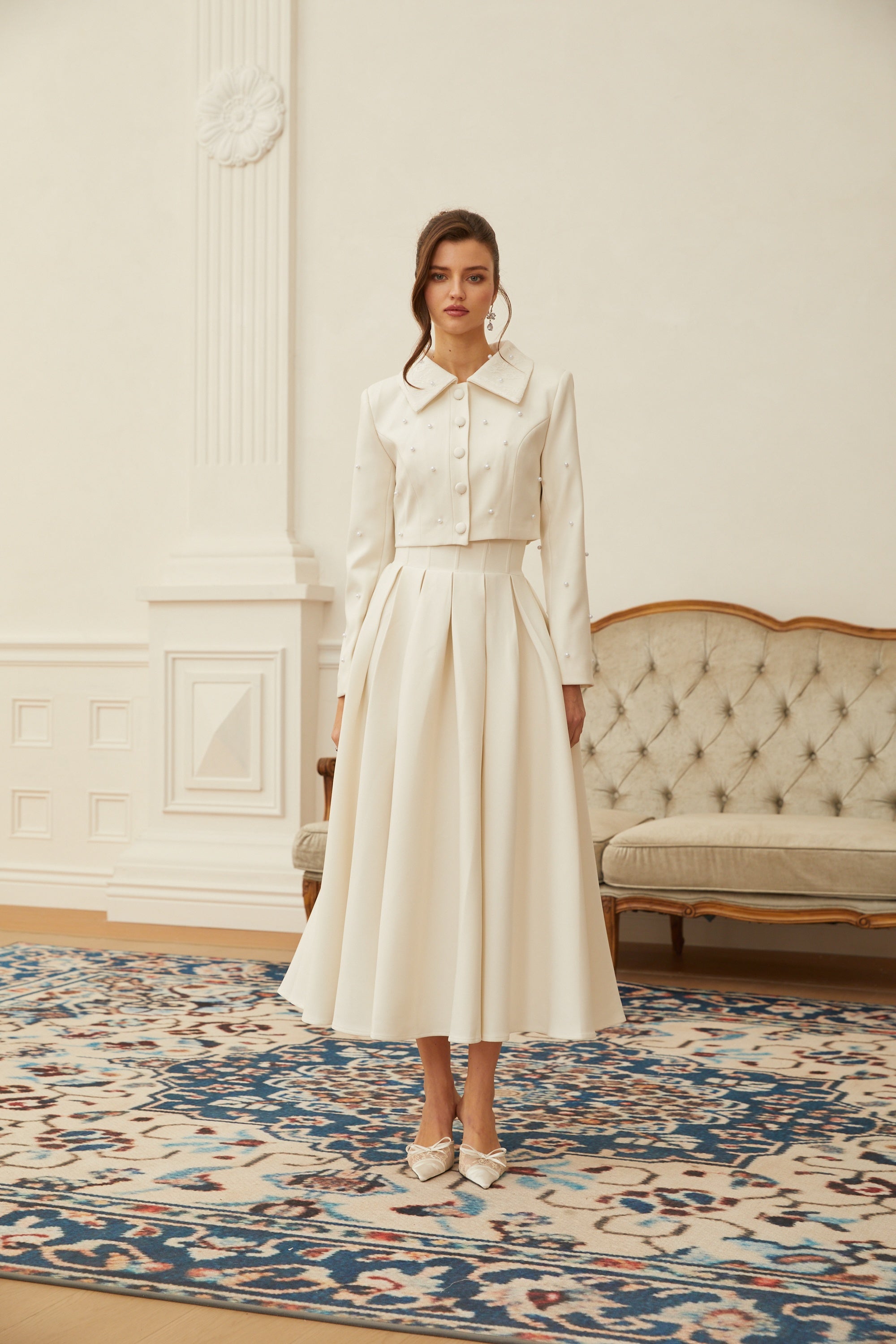 Maja White Faux Pearl Jacket & Pleated Skirt Set 7