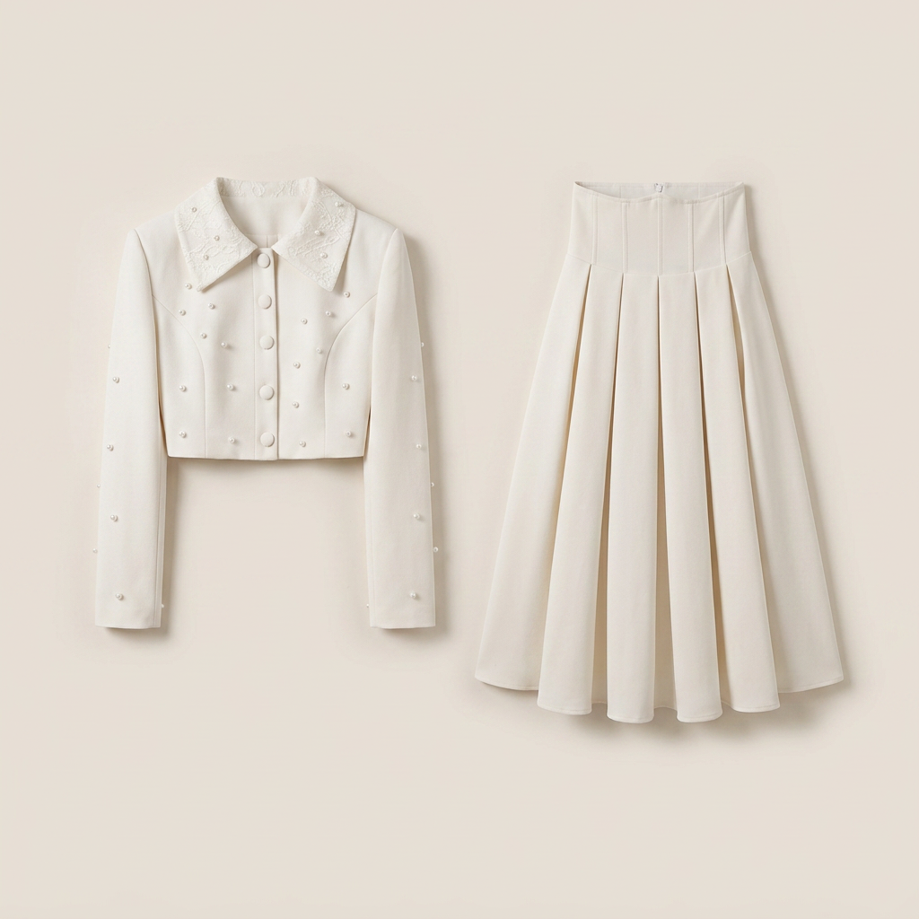 Women's Faux Pearl Jacket & Pleated Skirt Set