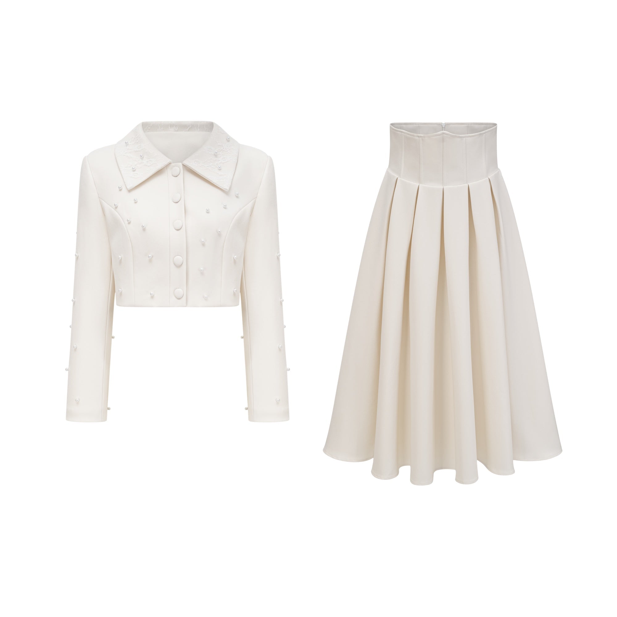 Maja White Faux Pearl Jacket & Pleated Skirt Set 0