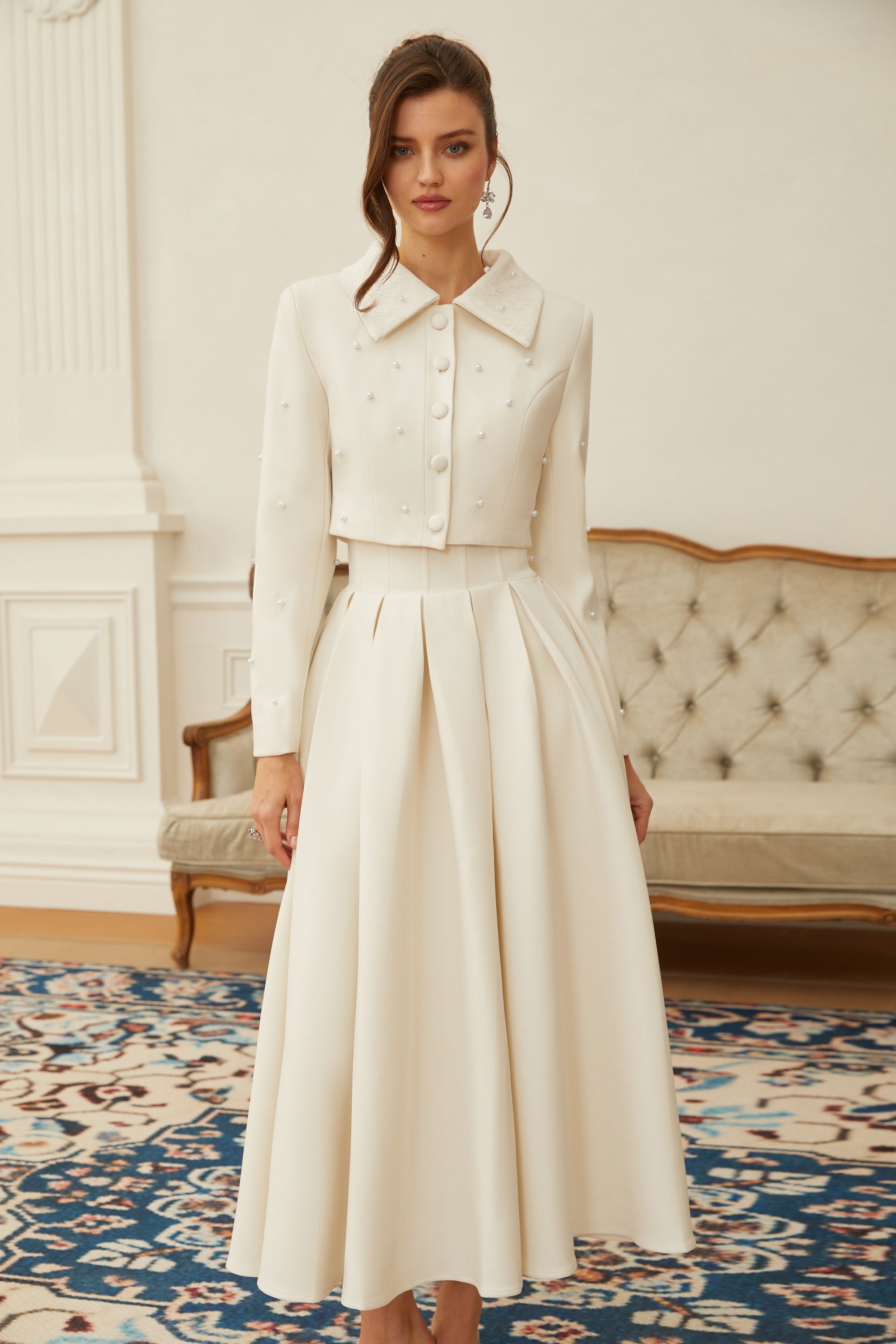 Maja White Faux Pearl Jacket & Pleated Skirt Set 5