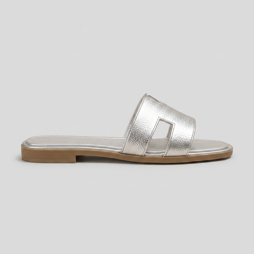 Women's Flat Slide Sandals with Metallic Finish