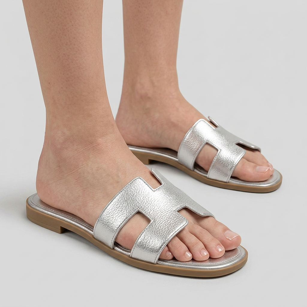 Women's Flat Slide Sandals with Metallic Finish
