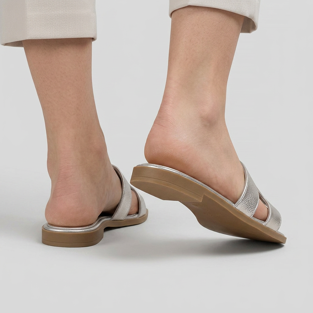 Women's Flat Slide Sandals with Metallic Finish