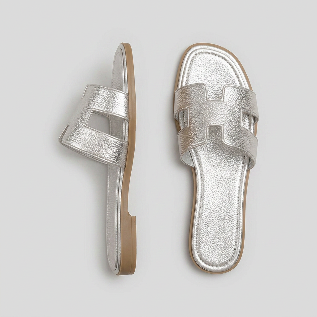 Women's Flat Slide Sandals with Metallic Finish