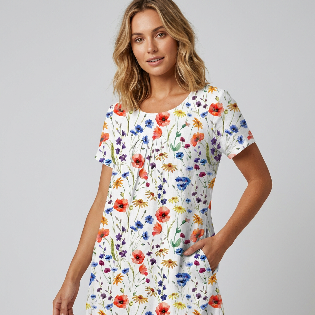 Women's Floral Print Midi Dress with Short Sleeves