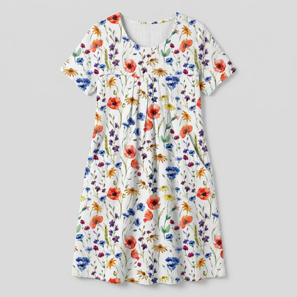 Women's Floral Print Midi Dress with Short Sleeves
