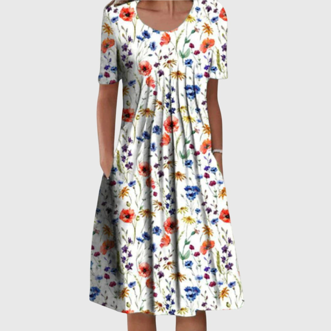 Women's Floral Print Midi Dress with Short Sleeves