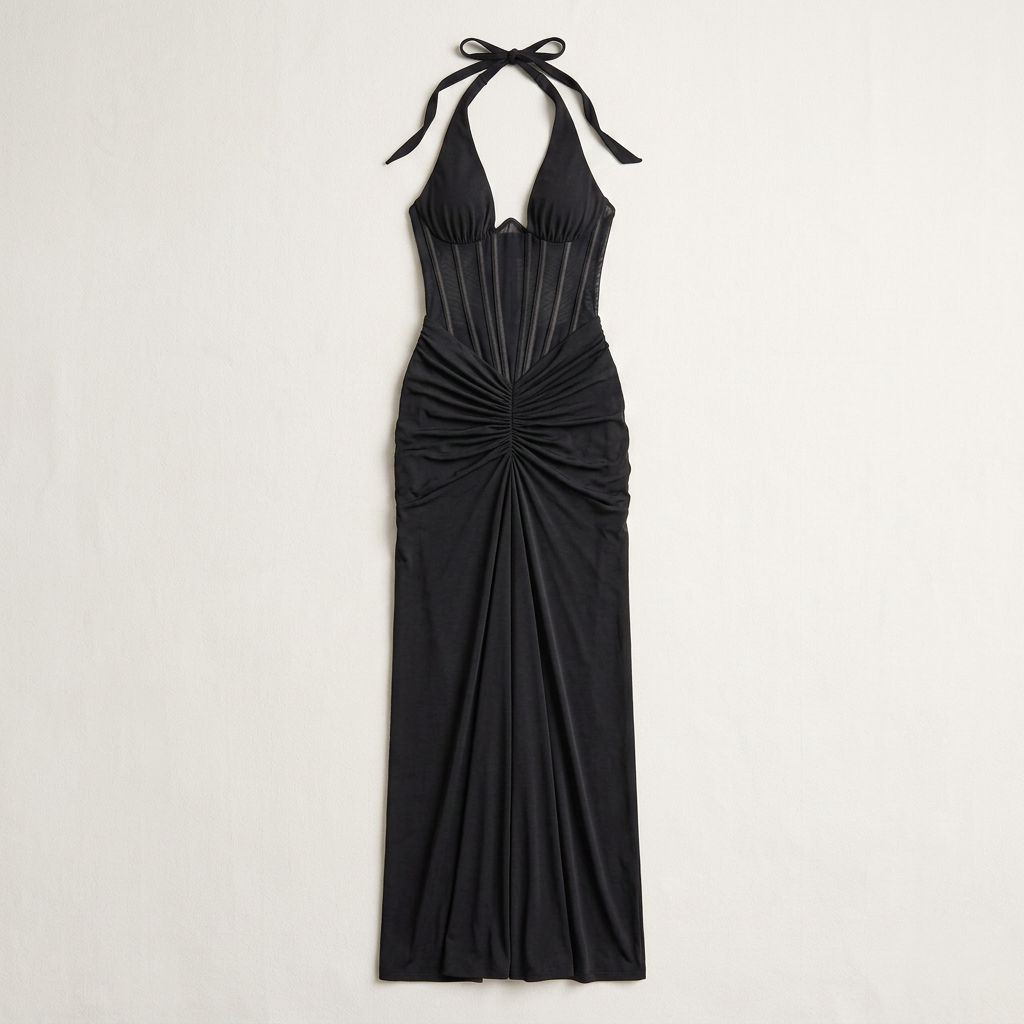 Women's Halter Corset Ruched Maxi Dress