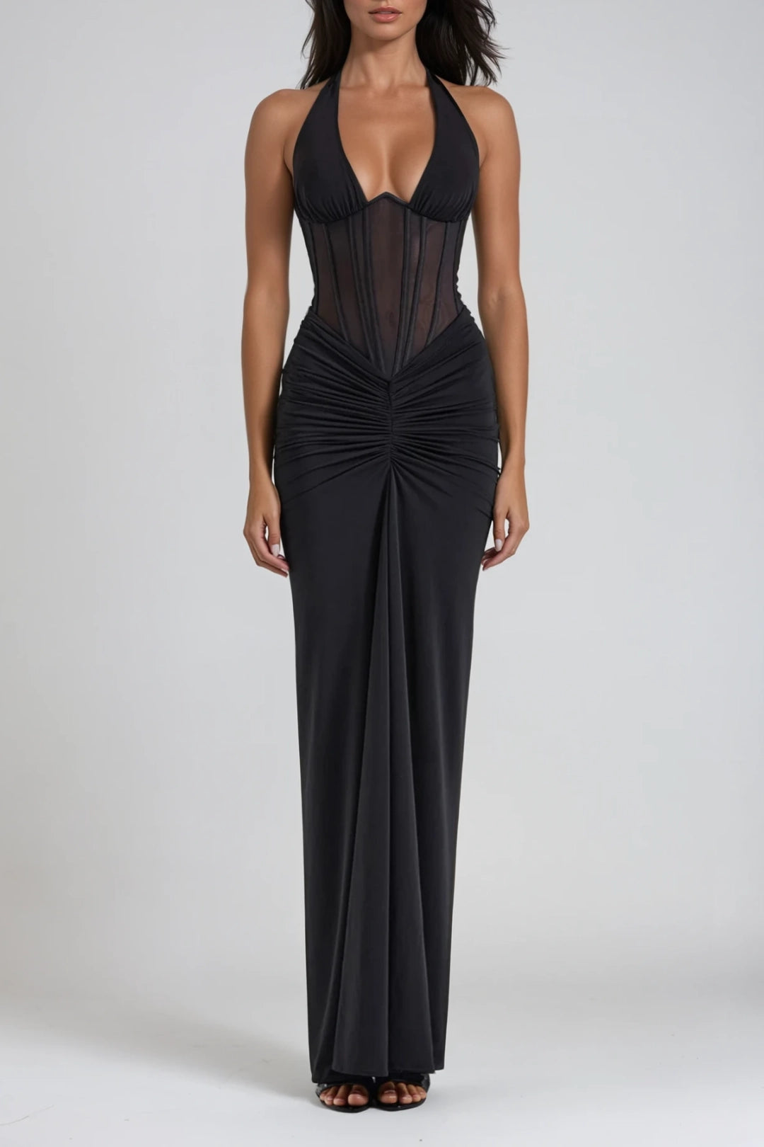 Elara Halter Corset Ruched Maxi Dress 0
