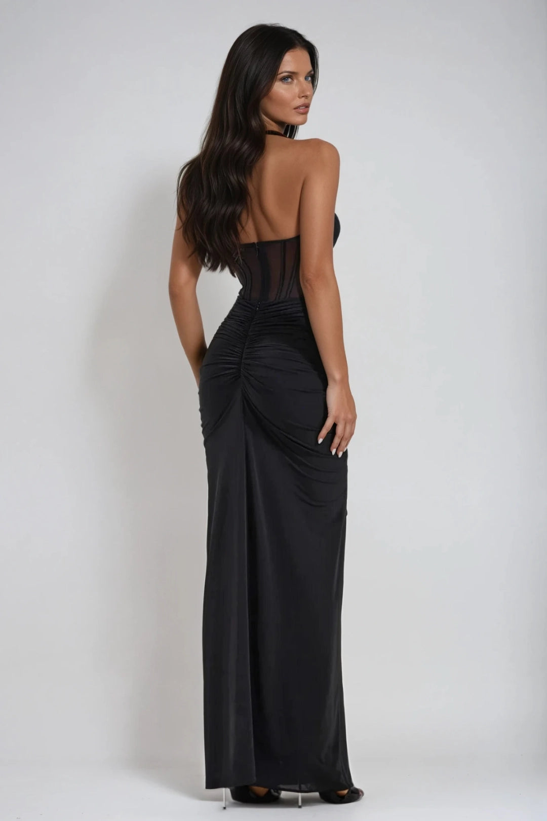 Elara Halter Corset Ruched Maxi Dress 1
