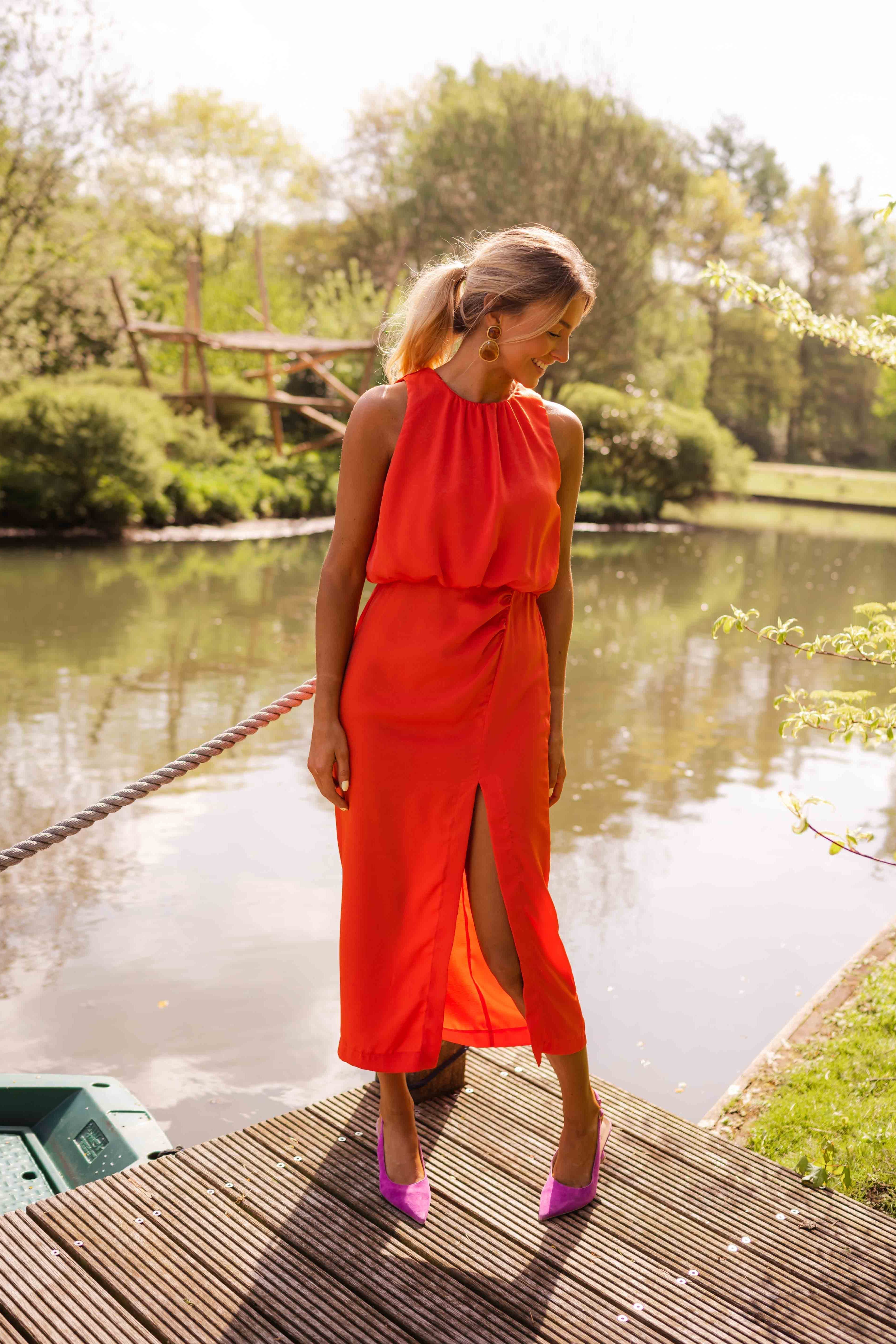 Women's sleeveless midi dress with high neckline and slit – elegant summer 6