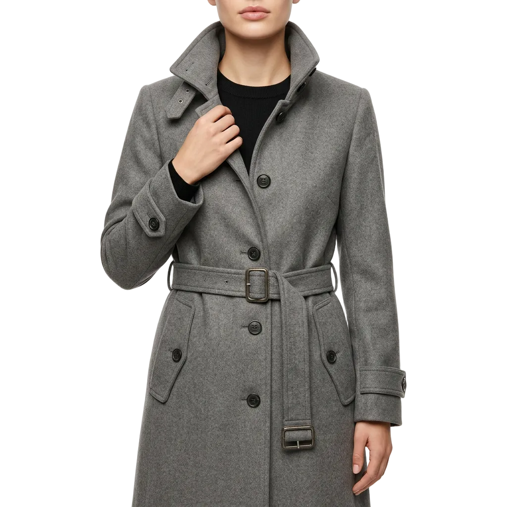 Women’s High Collar Trench Coat Button Closure Waist Belt