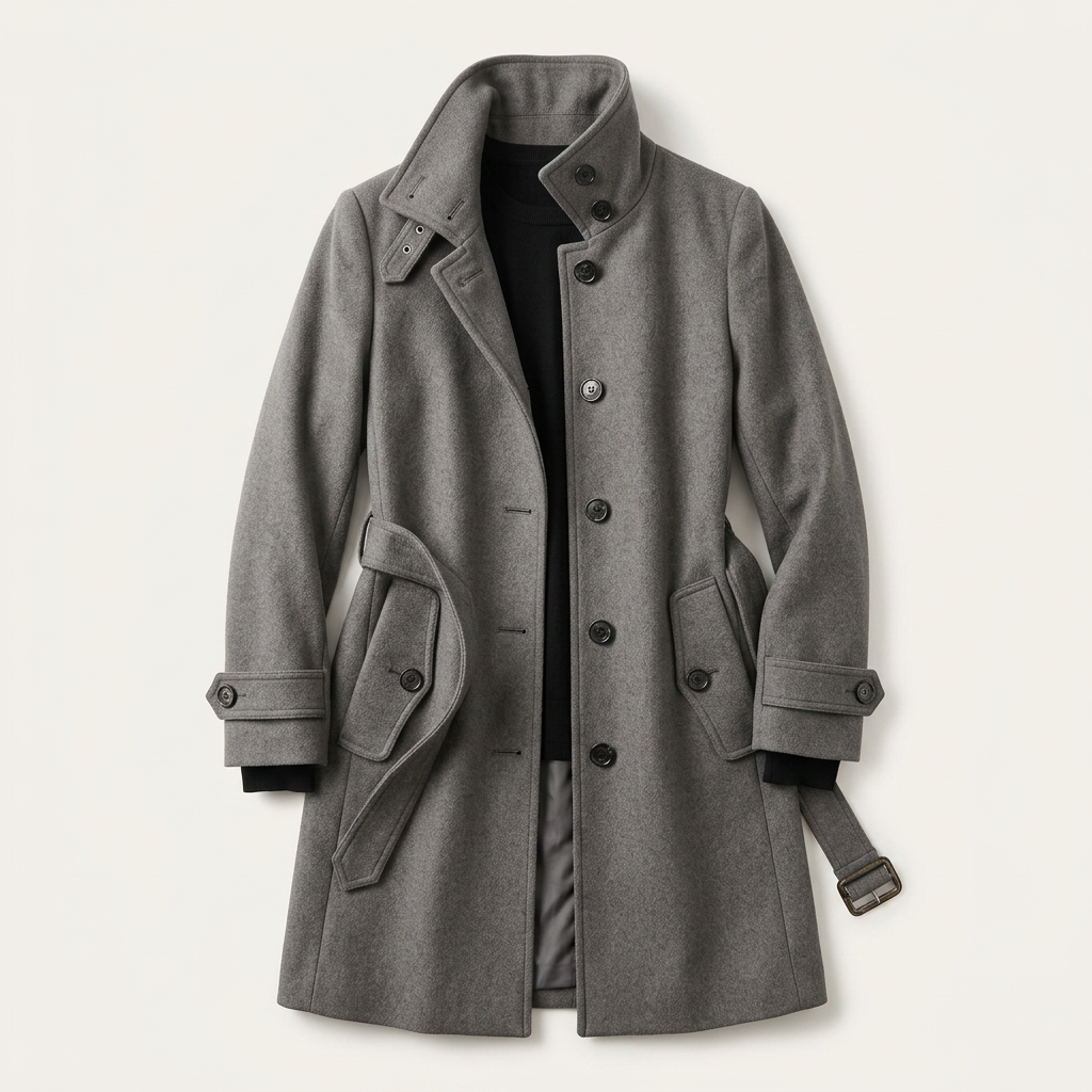Women’s High Collar Trench Coat Button Closure Waist Belt
