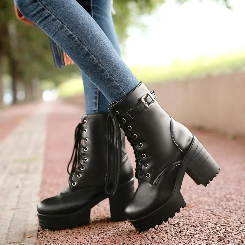 Edgy Lace-Up Boots with Buckle and Lug Sole - Luna 4