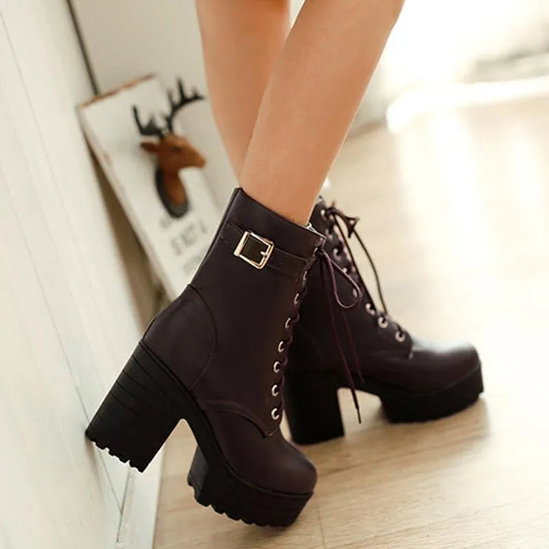 Edgy Lace-Up Boots with Buckle and Lug Sole - Luna 0