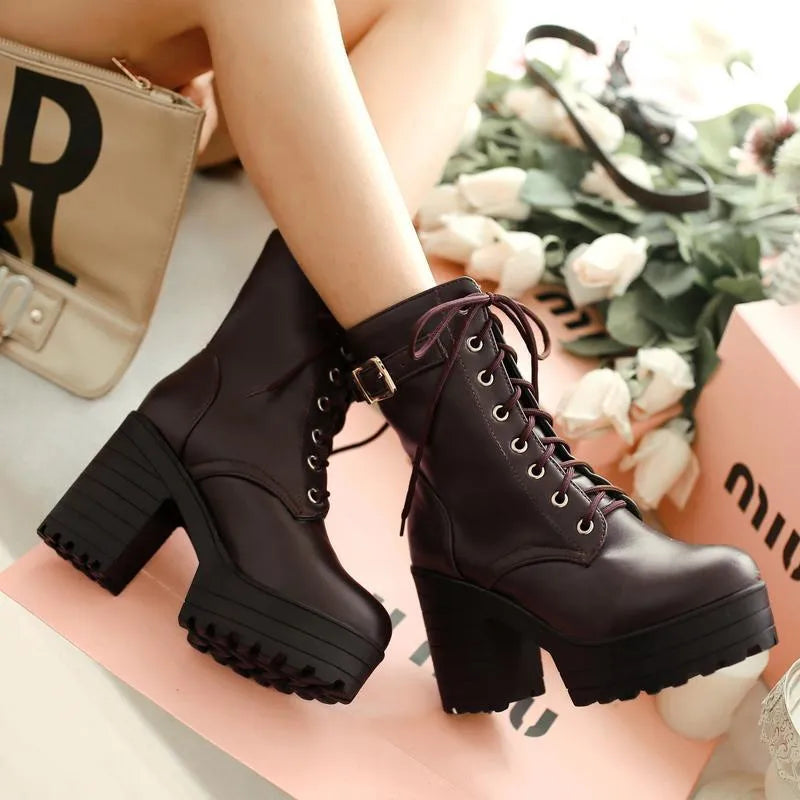 Edgy Lace-Up Boots with Buckle and Lug Sole - Luna 1