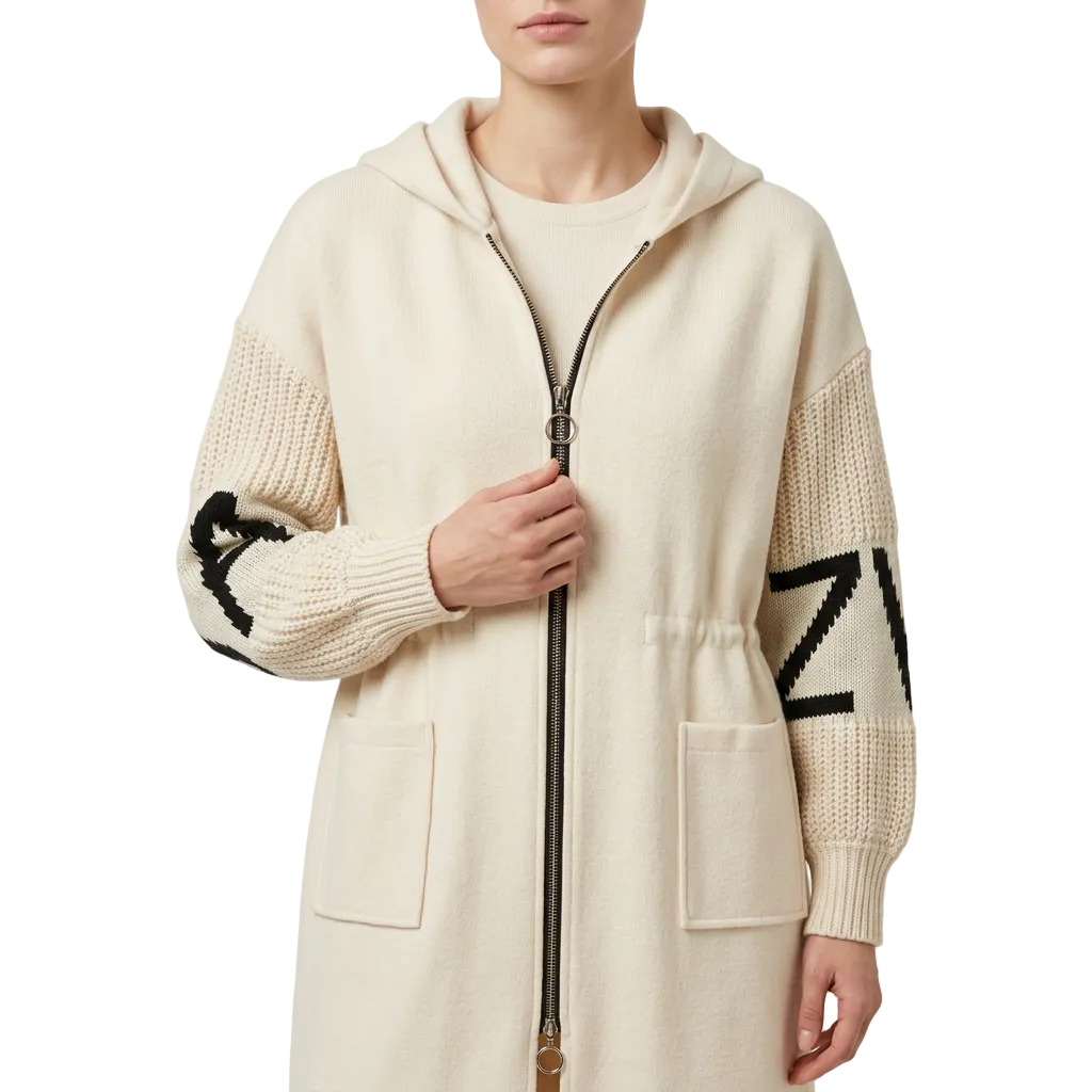 Women’s Hooded Patchwork Coat Front Zipper Knit Sleeves