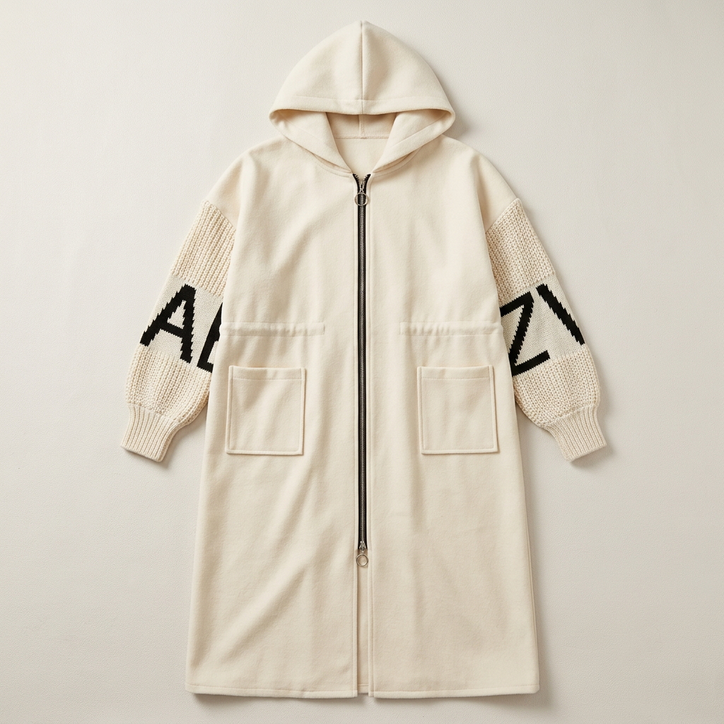 Women’s Hooded Patchwork Coat Front Zipper Knit Sleeves