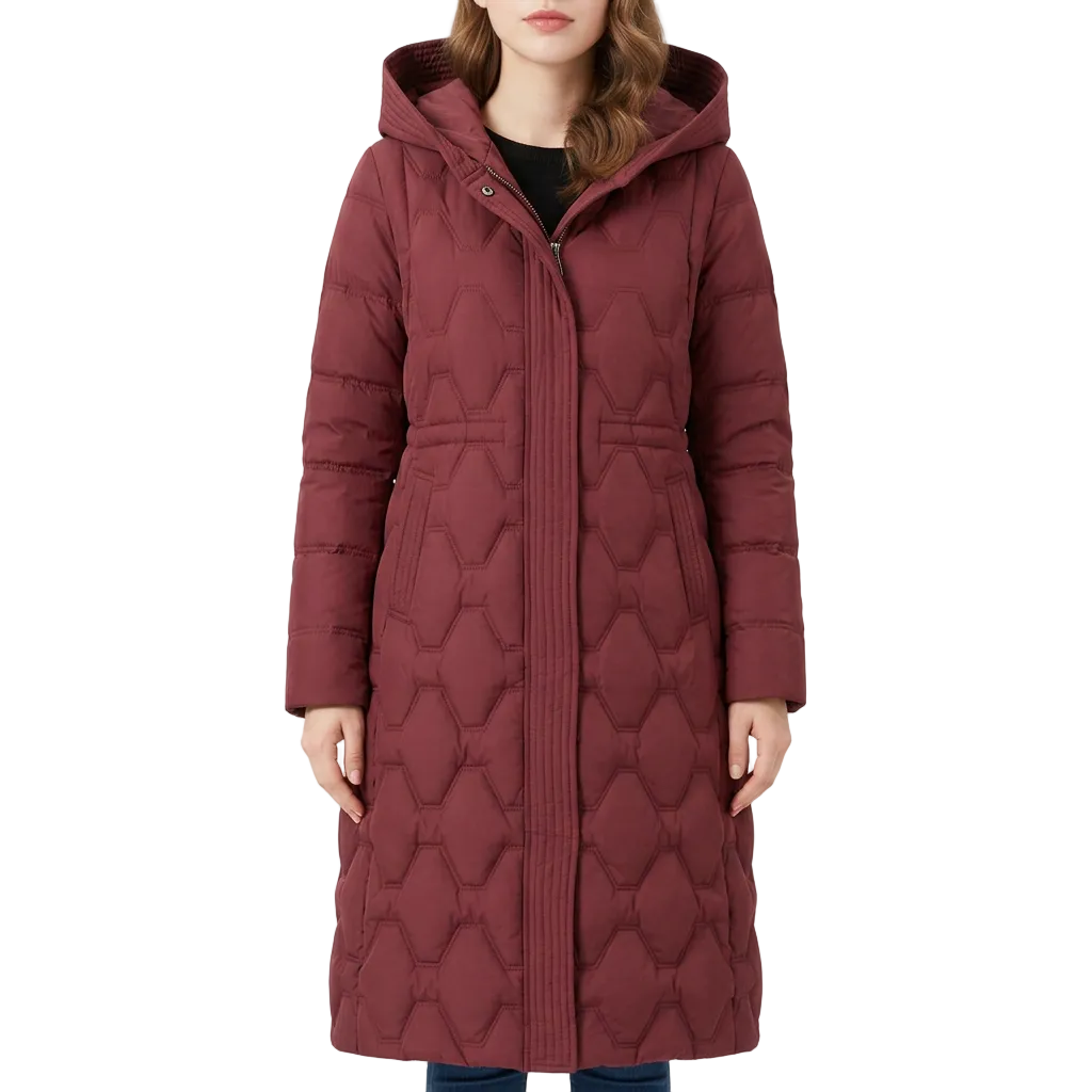 Women’s Hooded Puffer Coat Patterned Quilted Panels