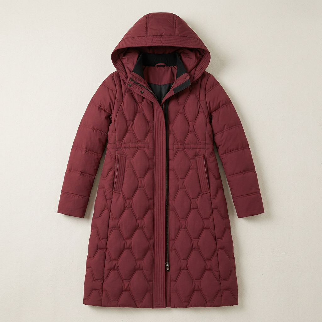 Women’s Hooded Puffer Coat Patterned Quilted Panels