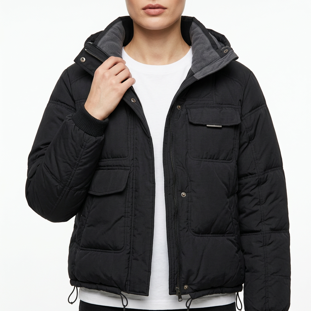 Women’s Hooded Puffer Jacket Front Zipper Flap Pockets