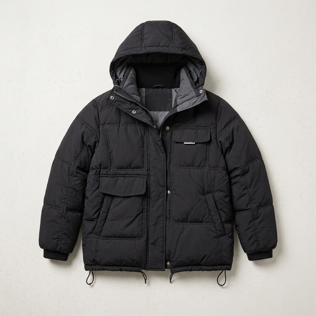 Women’s Hooded Puffer Jacket Front Zipper Flap Pockets