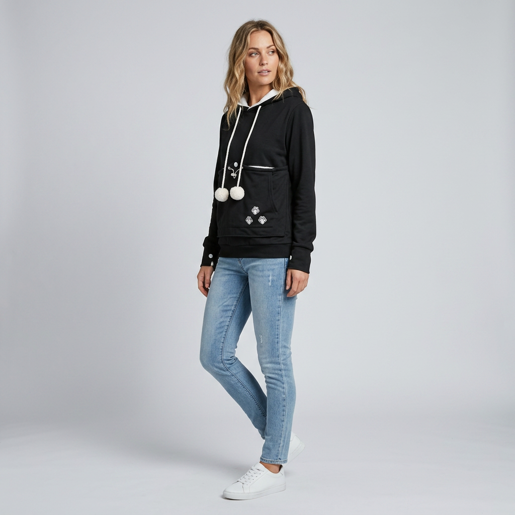 Damen-Hoodie mit Tiertransporttasche, Bommel und Kordelzug