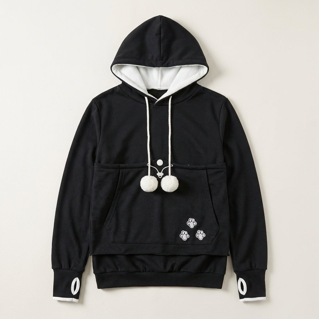 Damen-Hoodie mit Tiertransporttasche, Bommel und Kordelzug