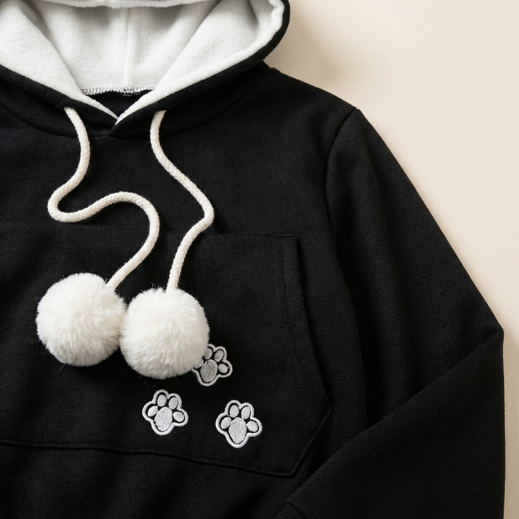 Damen-Hoodie mit Tiertransporttasche, Bommel und Kordelzug