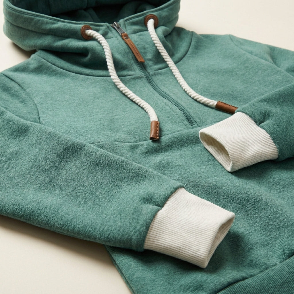 Women’s Hoodie Quarter Zip High Neck Attached Hood Design