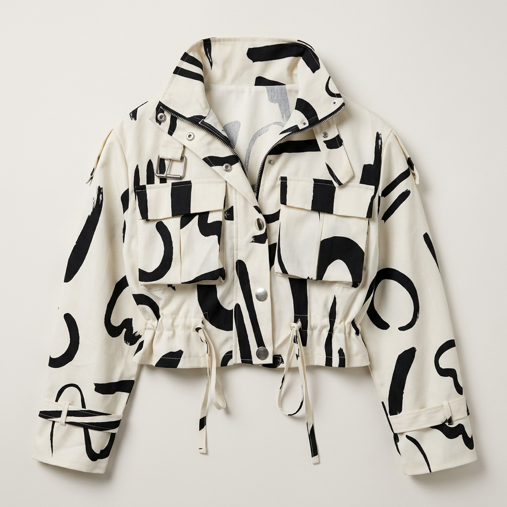 Women’s Jacket Abstract Print with Zipper and Snap Closure