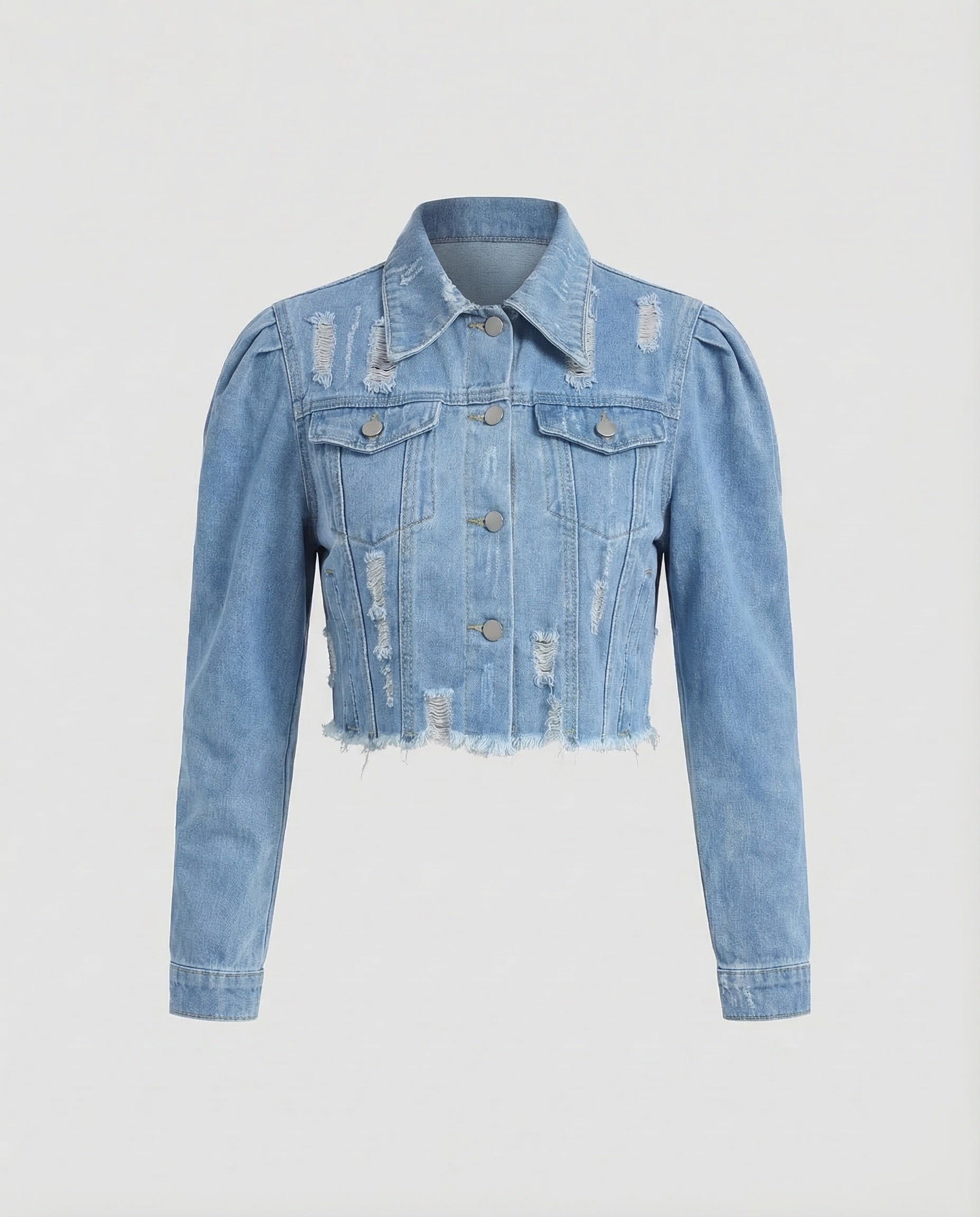 Women's Destroyed Denim Jacket with Puff Sleeves 6