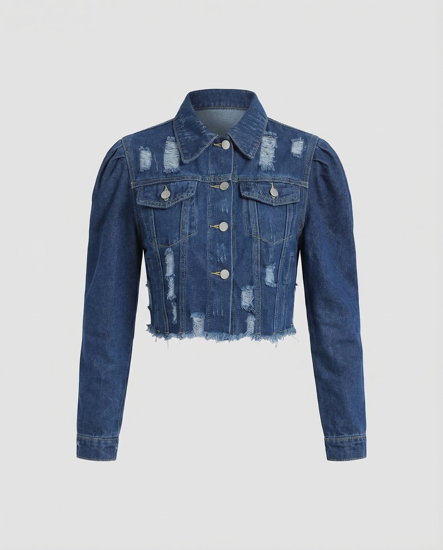 Women's Destroyed Denim Jacket with Puff Sleeves 0