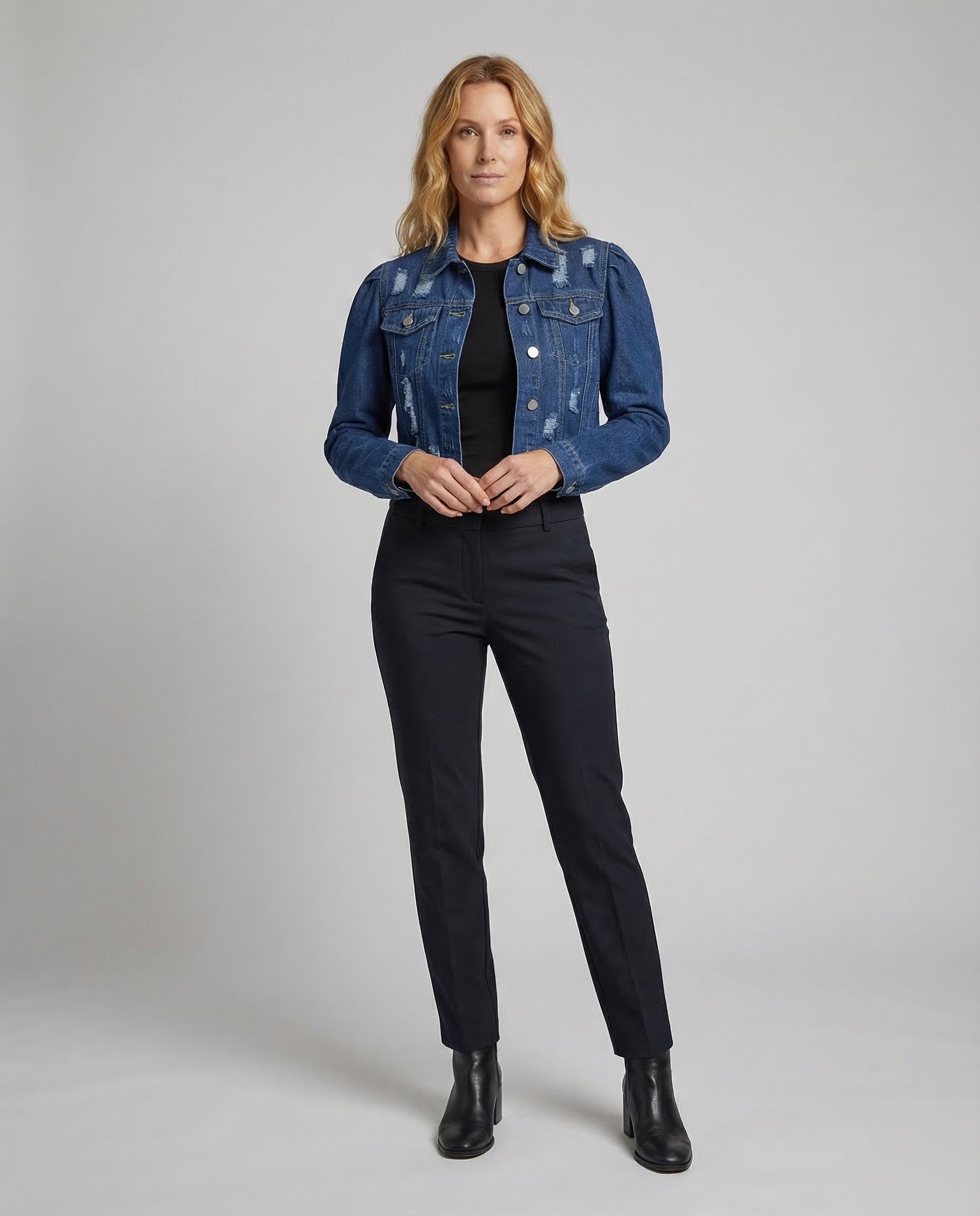 Women's Destroyed Denim Jacket with Puff Sleeves 1