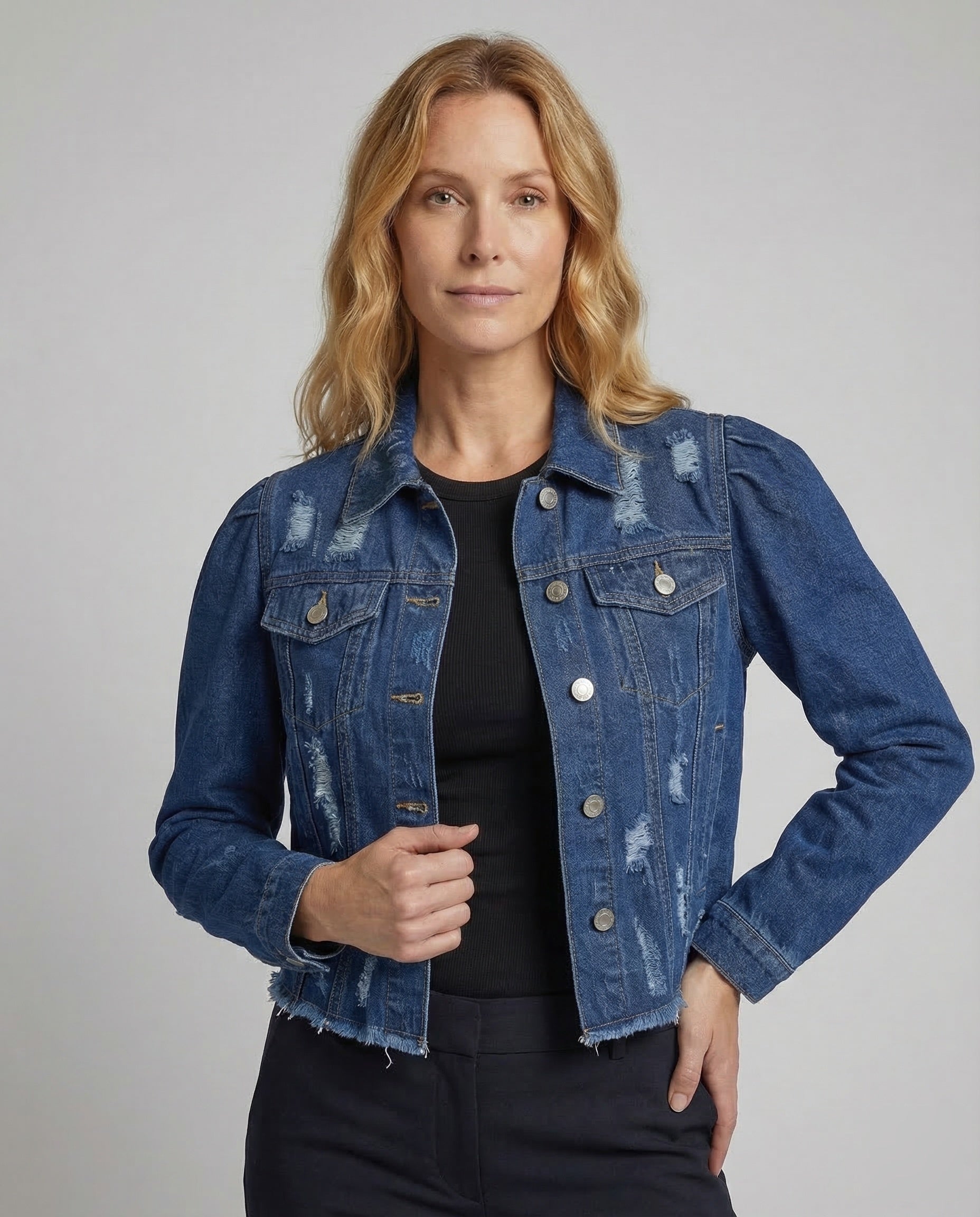 Women's Destroyed Denim Jacket with Puff Sleeves 2
