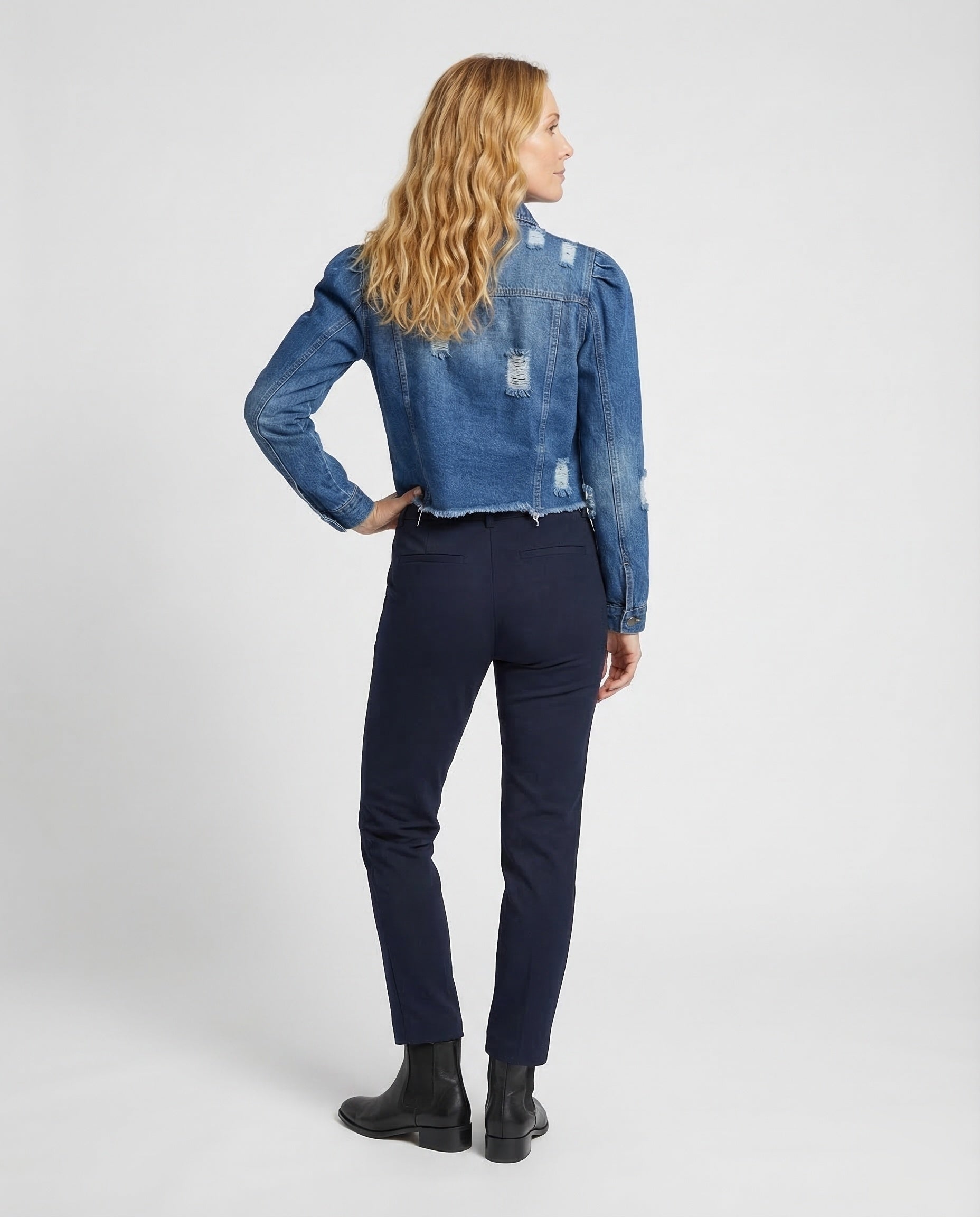 Women's Destroyed Denim Jacket with Puff Sleeves 4