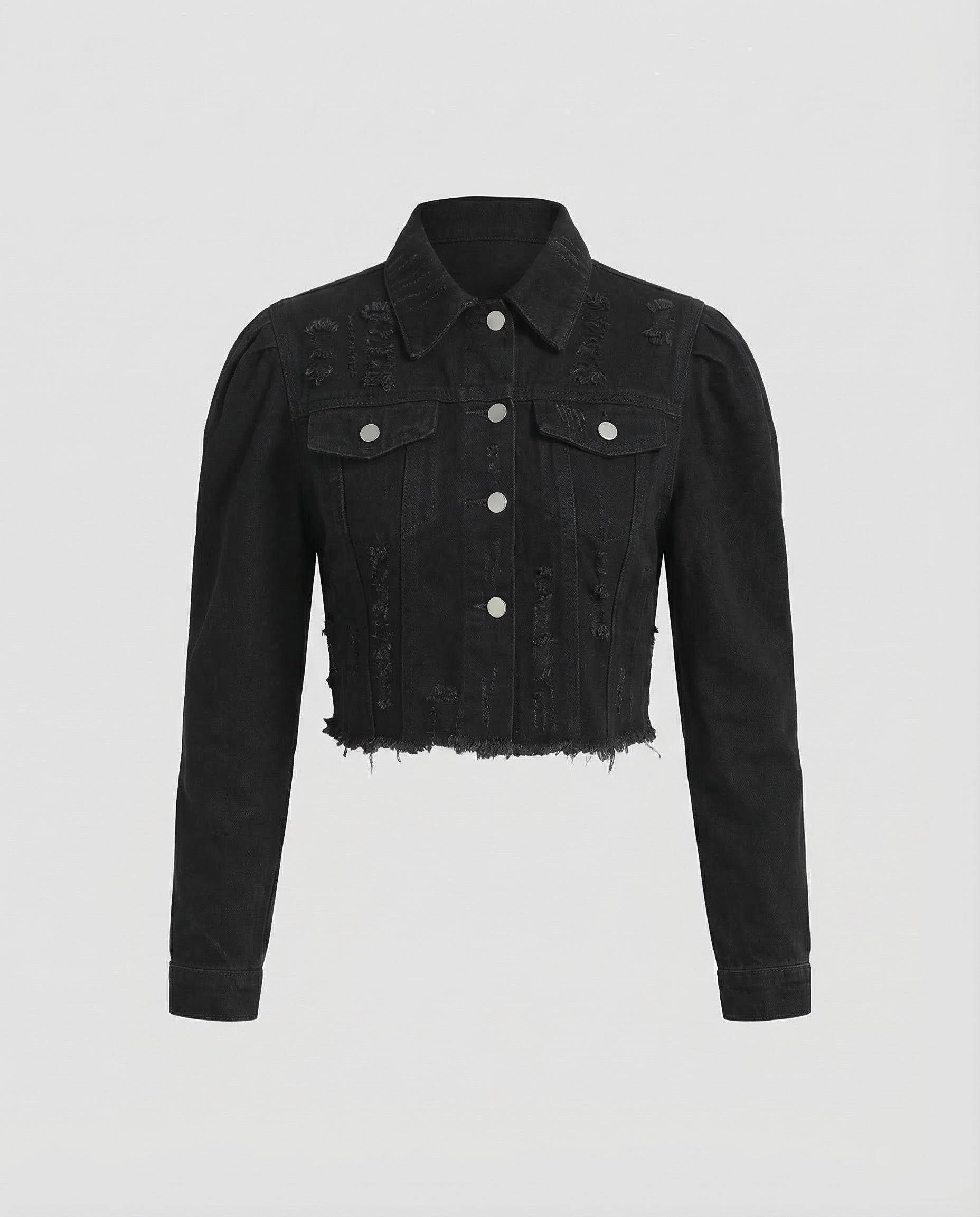Women's Destroyed Denim Jacket with Puff Sleeves 5